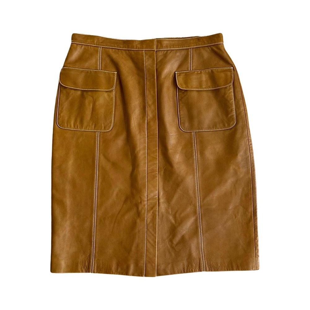 Linda Allard Ellen Tracy genuine leather skirt 12 caramel slit knee length lined